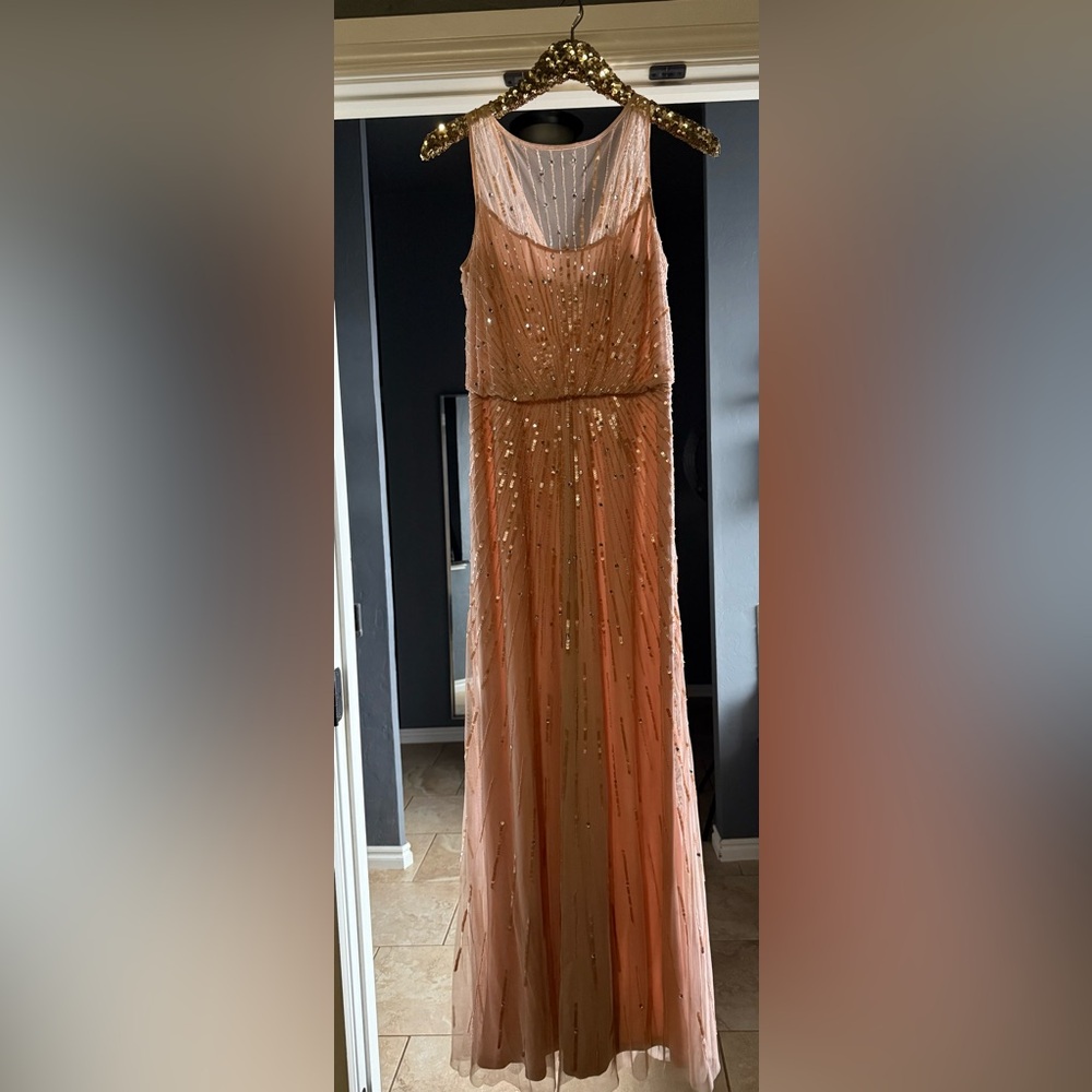 Aiden Mattox blush sequin bridesmaid dress.